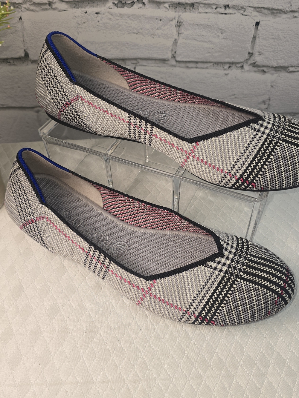 ROTHY'S FLAT KNIT BALLET FLATS GREY GLEN PLAID ROUND TOE CASUAL WOMENS 11